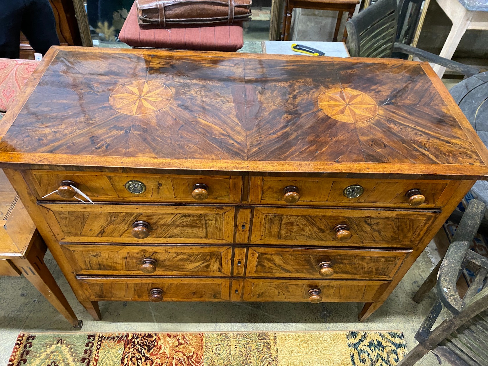 An 18th century parquetry inlaid Dutch walnut five drawer chest, width 131cm, depth 57cm, height 104cm